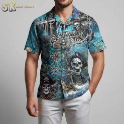 Pirate Skull Hawaiian Shirt for Men - Skeleton Pirates Ships Tropical Button Down Short Sleeve Aloha Shirt