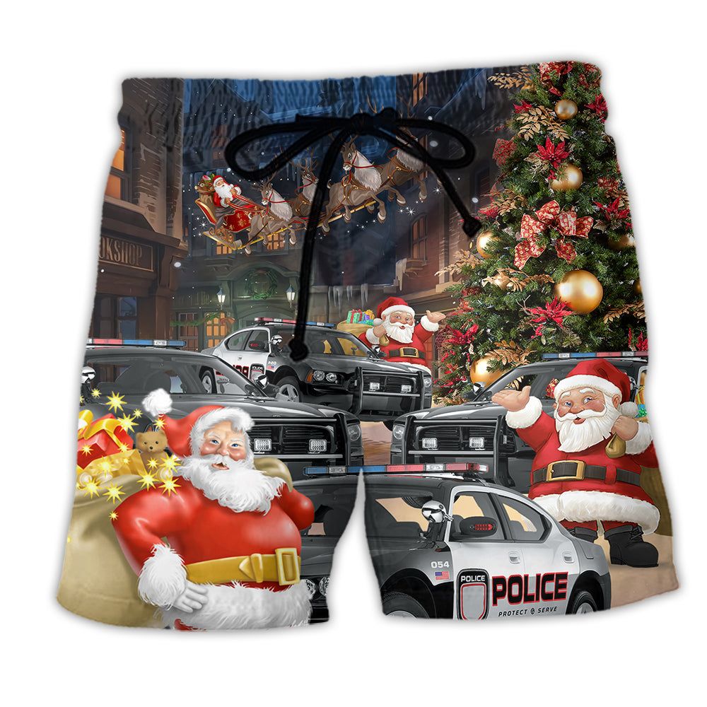 Police Car Santa Merry Christmas Trendy Aloha Hawaiian Beach Shorts