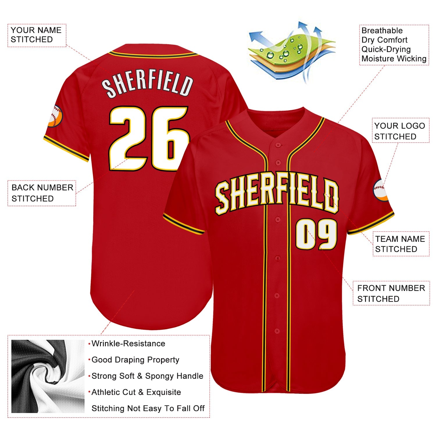 Custom Red White-Gold Authentic Baseball Jersey