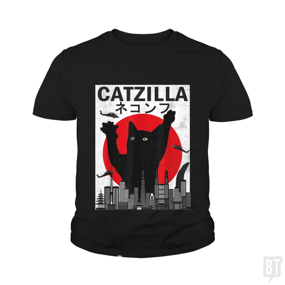 Vintage Catzilla Japanese Sunset Kids Shirt
