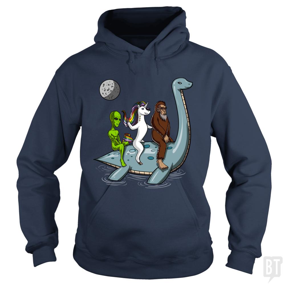 Alien Unicorn Bigfoot Ridding Loch Ness Hoodie