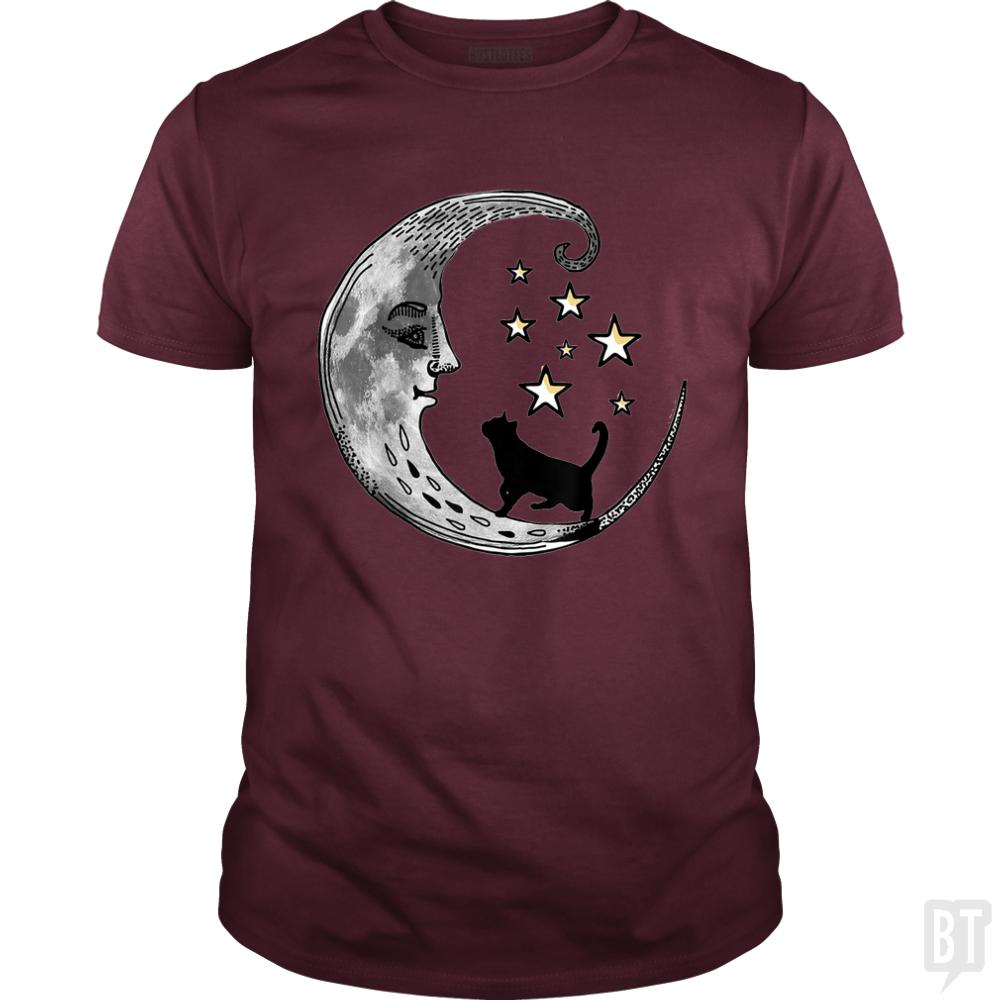 Moon and Stars with Black Cat