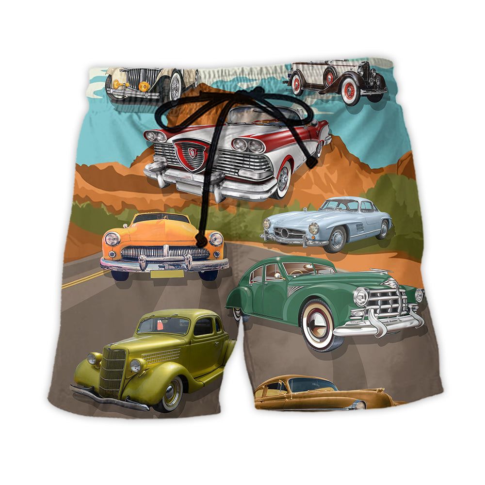 Road Tripping Saved Me From Being A Pornstar Lover Classic Car Route 66 Trendy Aloha Hawaiian Beach Shorts
