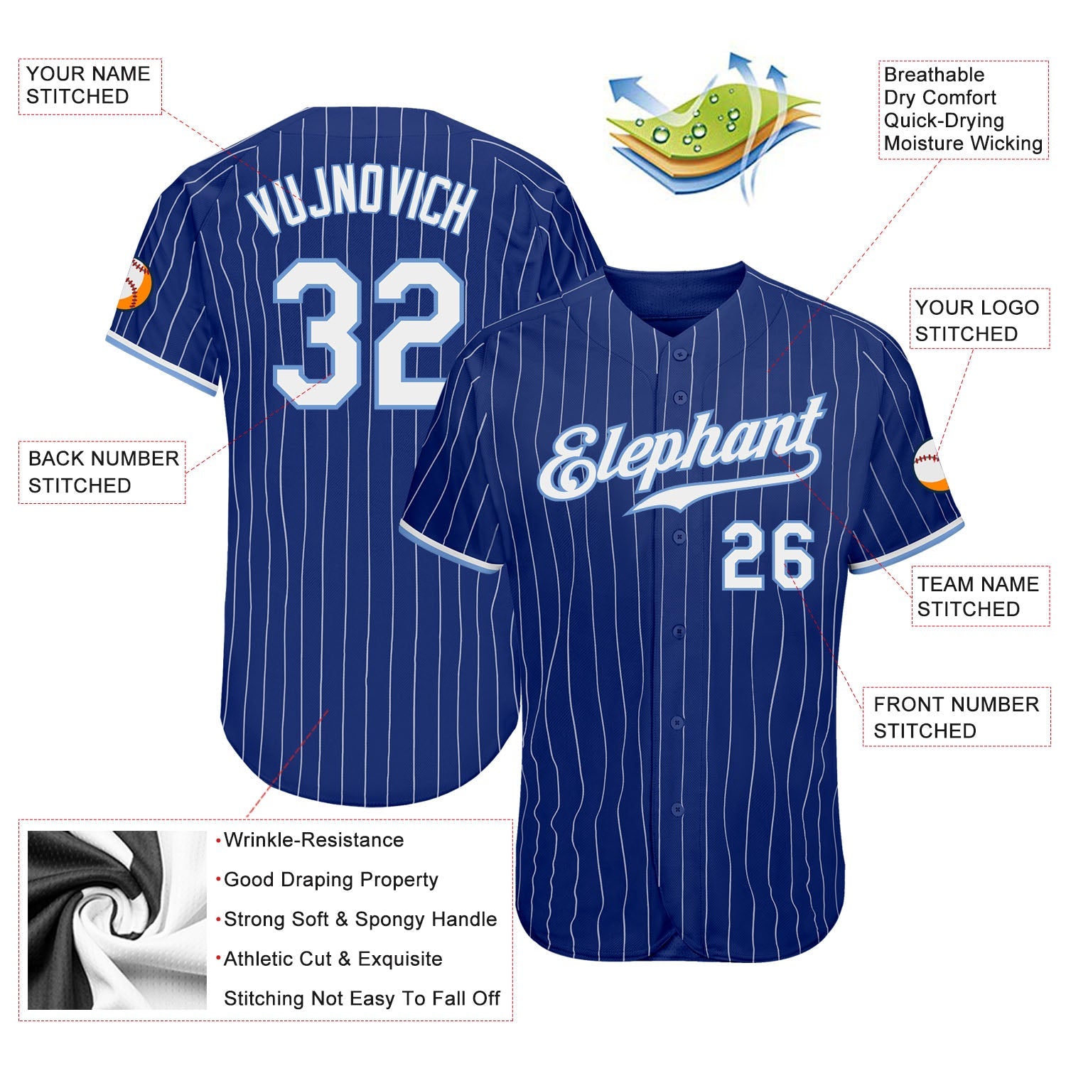 Custom Royal White Pinstripe White-Light Blue Authentic Baseball Jersey