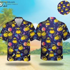 Retro Yellow Rubber Duck Hawaiian Shirt for Men with Sunglasses - Neon 80s Button Down Beach Vacation Aloha Shirt