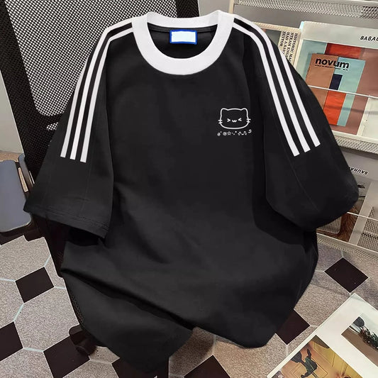 Women Cotton T Shirt Stripe Sleeve Oversized Casual Student Short Sleeve Tee