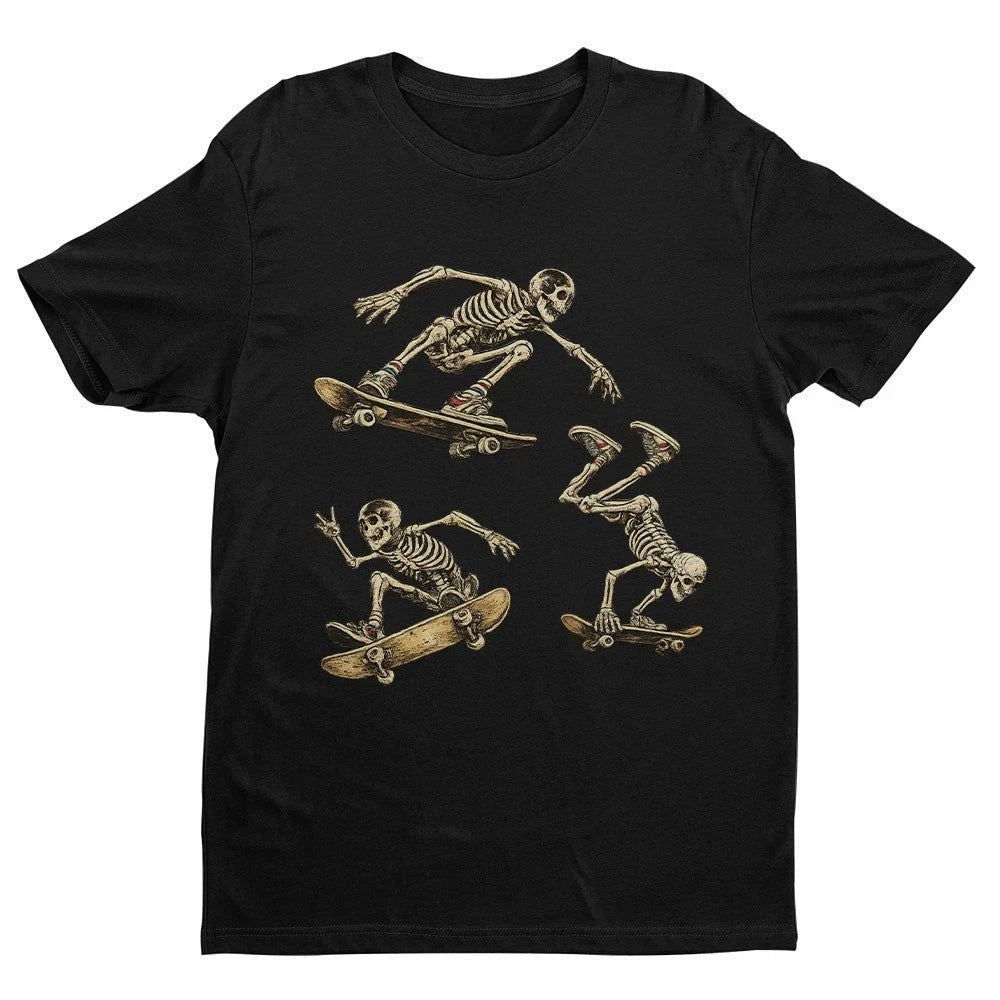 Skateboard Skeleton T-Shirt Funny Skating Graphic Tee Mens Black Cotton Top UK