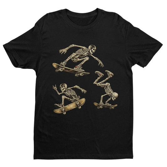 Skateboard Skeleton T-Shirt Funny Skating Graphic Tee Mens Black Cotton Top UK