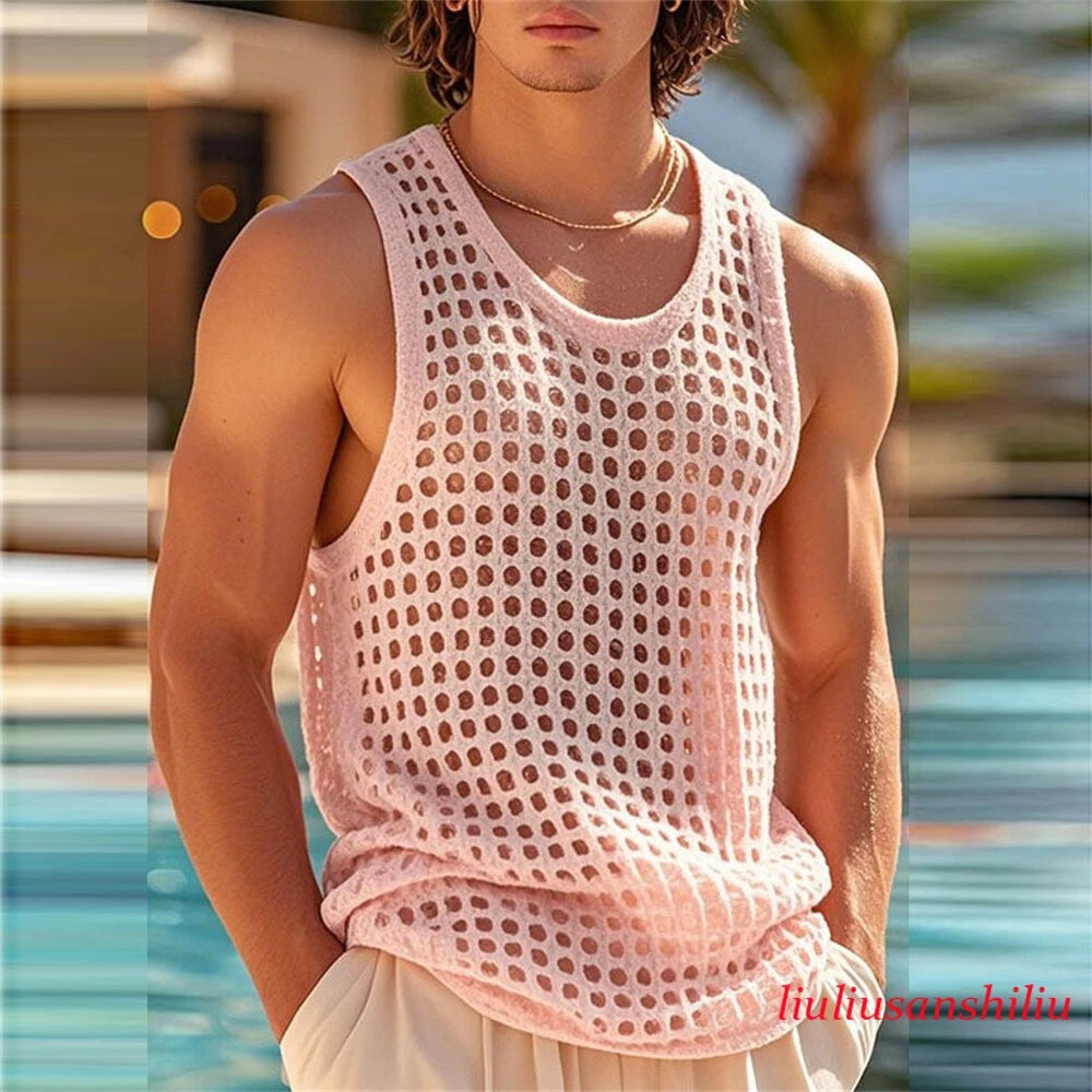 Men See Through Sleeveless Tank Tops Casual breathable T Shirts Muscle Shirt Top