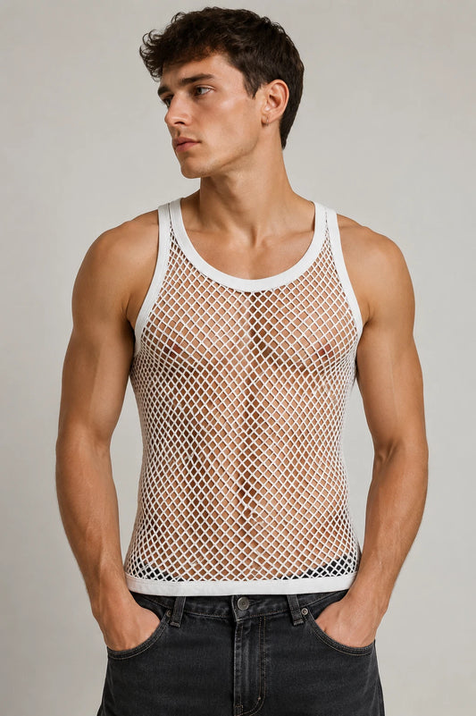 Original Pendeen Mens Premium 100% Cotton Mesh Fishnet String Vest Top V Neck