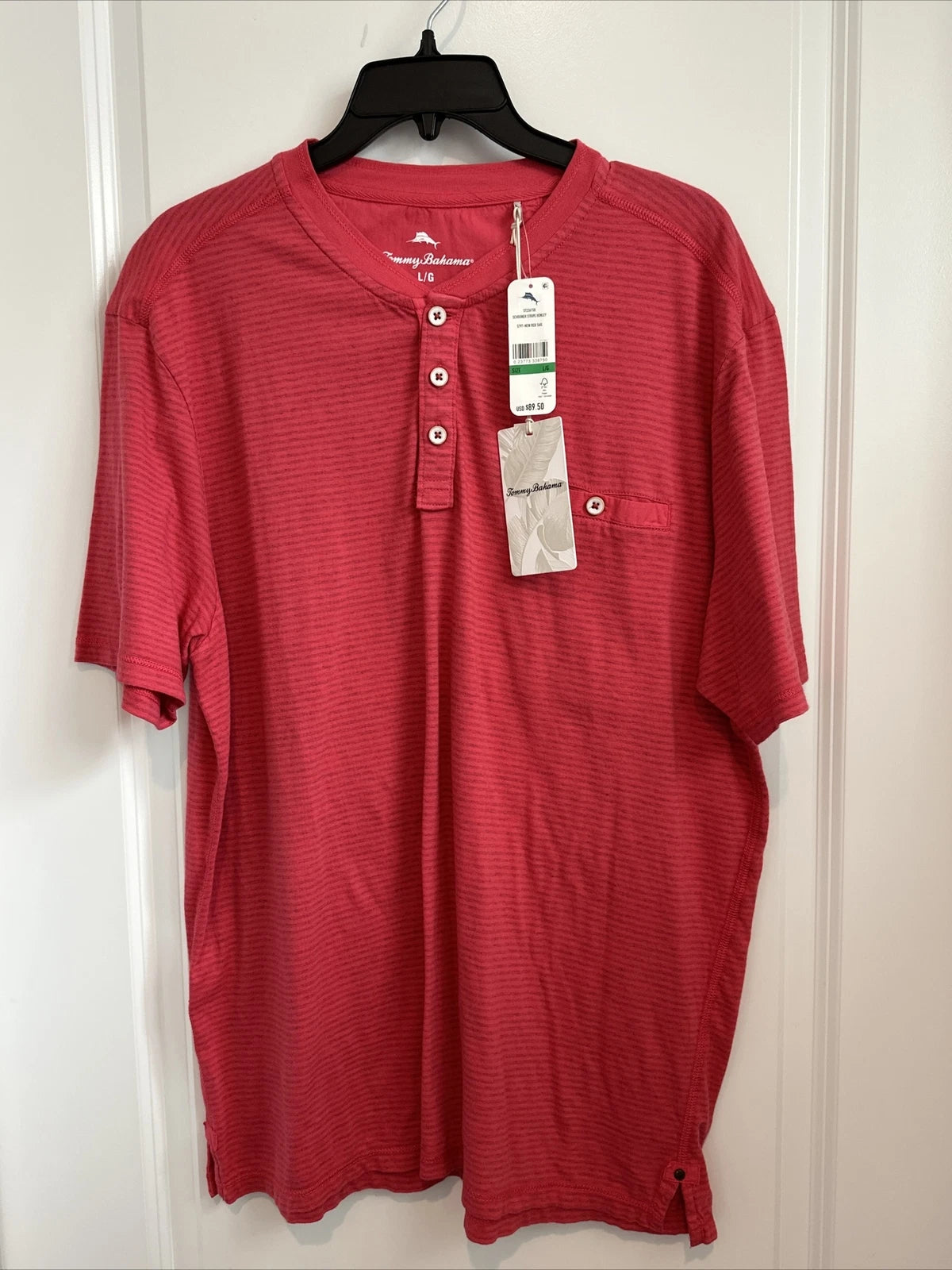 NWT Tommy Bahama Schooner Stripe Henley Shirt Mens L New Red Sail Short Sleeve