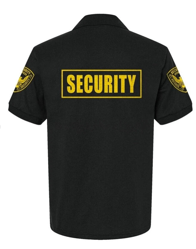 SECURITY POLO SHIRT Black Jersey 50/50 Logos in Front, Back & Sleeves