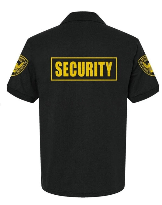 SECURITY POLO SHIRT Black Jersey 50/50 Logos in Front, Back & Sleeves