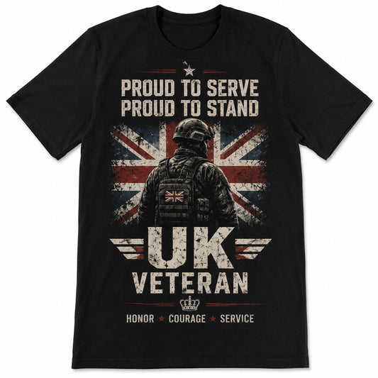 UK Veteran T-Shirt Proud To Serve British Military Soldier Union Jack Tee