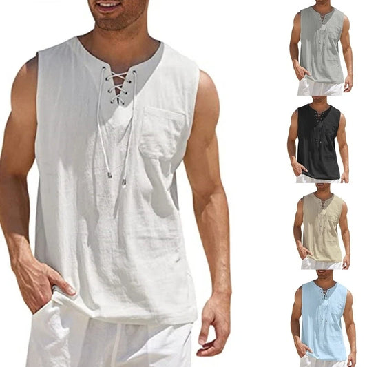 Men Cotton Linen Lace-Up V-Neck Tank Top Sleeveless Casual Loose Beach T-Shirt