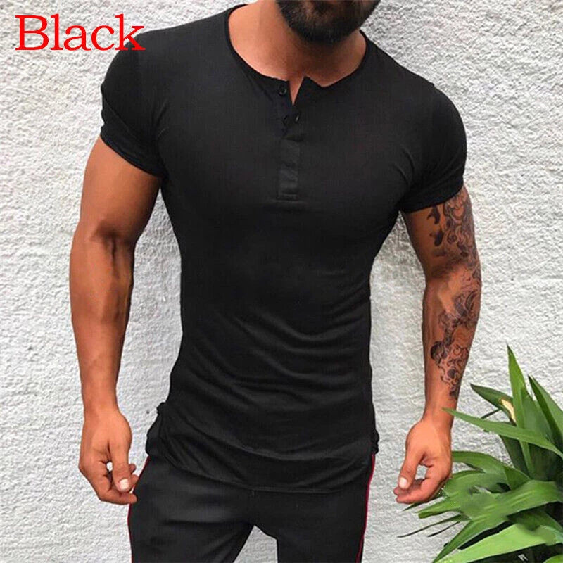 Mens Summer Button Muscle Shirt Tops Slim Fit Shirts Tee Short Sleeve T-Shirt