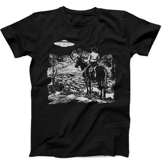 Cowboy UFO Western Weird Best Seller Funny Gift Black Tee T Shirt 334