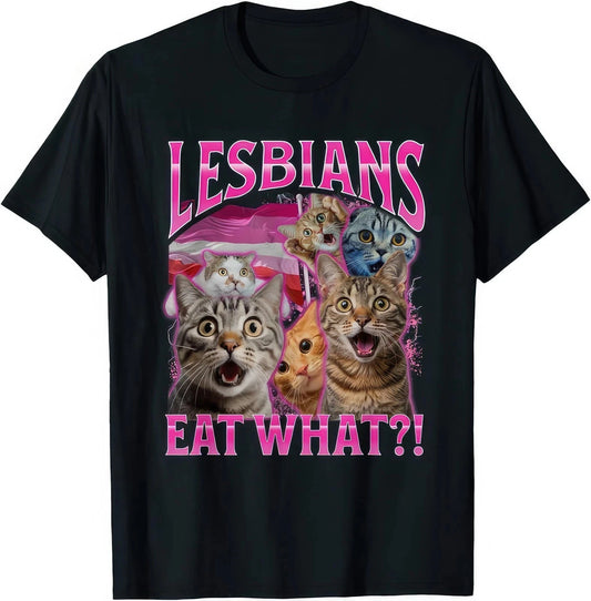 Lesbians Eat What T-Shirt Funny Cat Meme Graphic Tee Vintage Bootleg Style UK