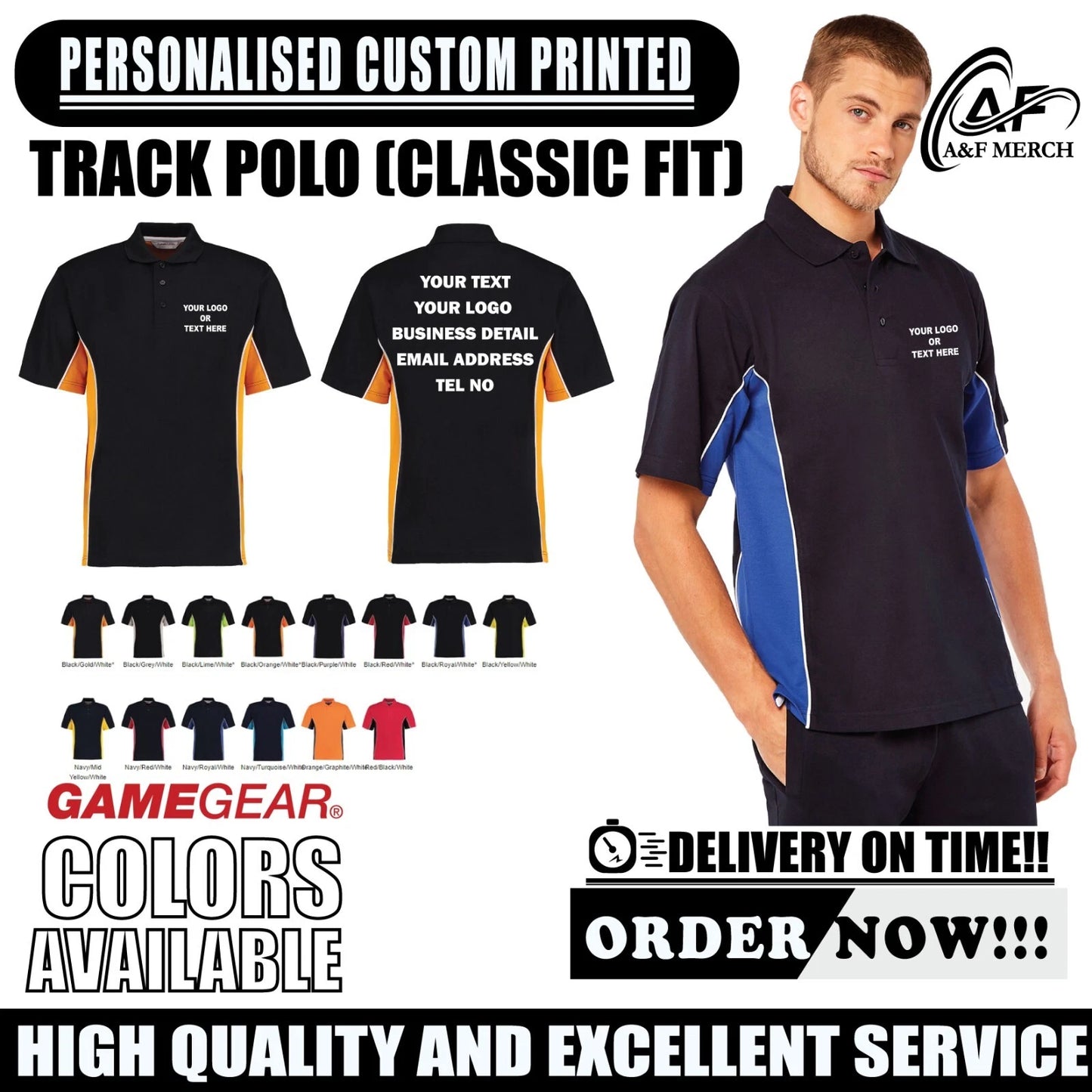 Personalised Custom Game Gear Track Polo Classic Fit Taped Neck Casual KK475