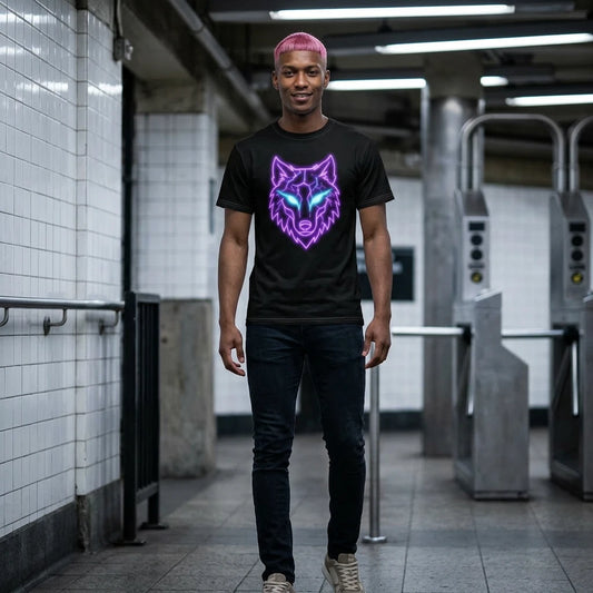 Neon Wolf Head Tee | Glowing Cyberpunk Wolf T-Shirt