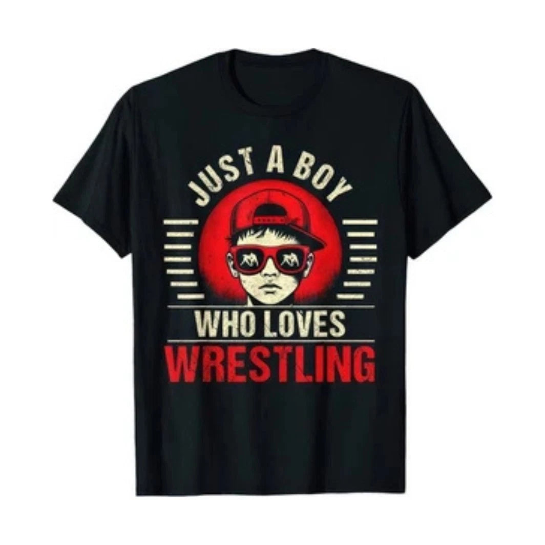 Just A Boy Who Loves Wrestling T-Shirt Funny Graphic Tee Mens Black Cotton UK