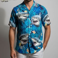 Shark Hawaiian Shirt for Men Women - Tropical Ocean Aloha Button Down Short Sleeve Beach Shirt