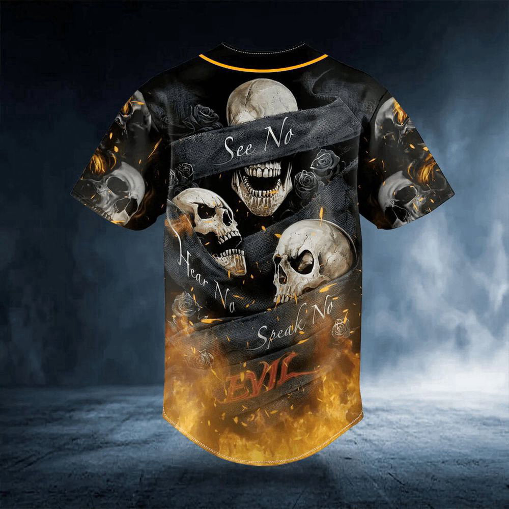 See Hear Speak No Evil Fire Skull Custom Baseball Jersey For Men Women, Skull lovers - lylyprint.com