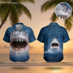 Men's Hawaiian Shark Print Shirt - Tropical Great White Sharks Button-Up