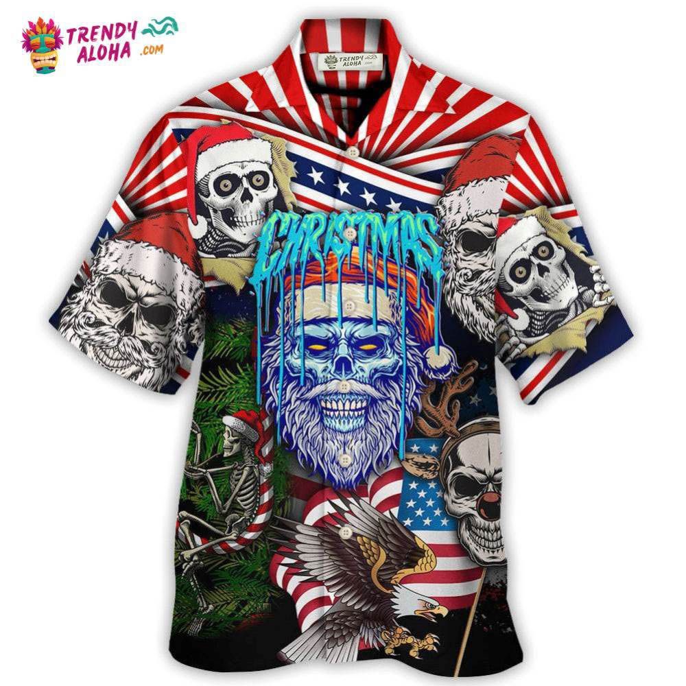 Skull Christmas Us Flag Skeleton Horror Merry Christmas Hawaiian Shirt - Trendy Aloha