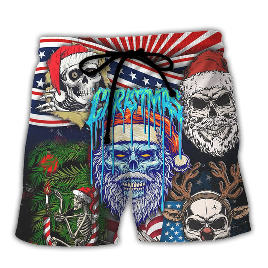 Skull Christmas Us Flag Skeleton Horror Merry Christmas Trendy Aloha Hawaiian Beach Shorts