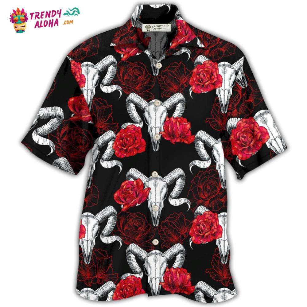 Skull Rose And Ram Skull Hawaiian Shirt - Trendy Aloha