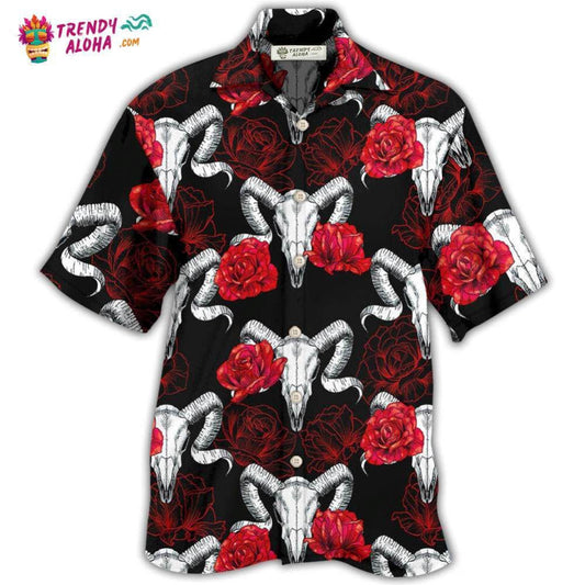 Skull Rose And Ram Skull Hawaiian Shirt - Trendy Aloha