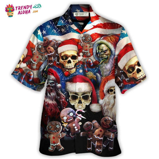 Skull Xmas Us Flag Horror Skeleton Hawaiian Shirt - Trendy Aloha