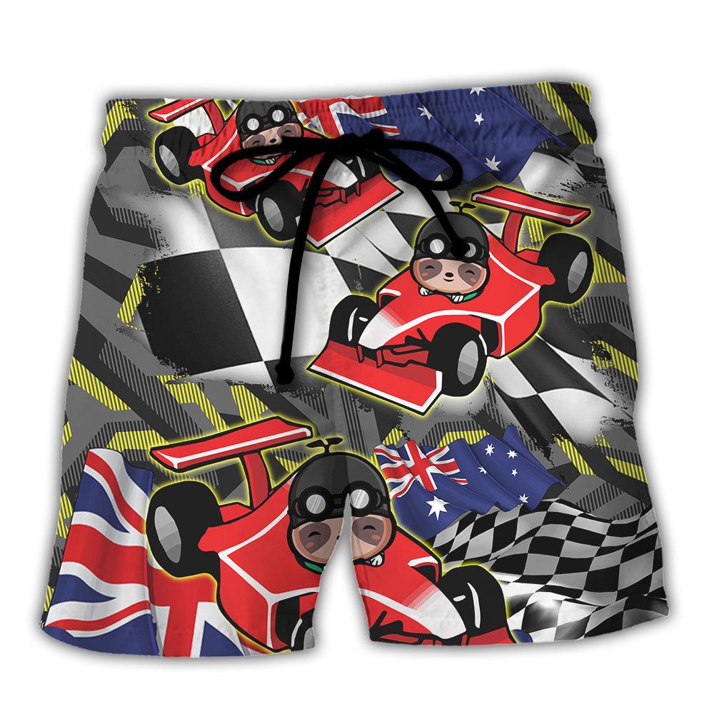 Sloth Racing Formula One Car Racing Art Australian Vibe Trendy Aloha Hawaiian Beach Shorts