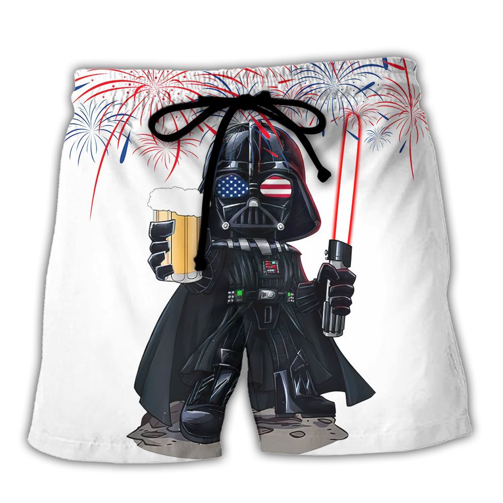 Starwars Independence Day Darth Vader With Beer Trendy Aloha Hawaiian Beach Shorts