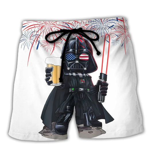 Starwars Independence Day Darth Vader With Beer Trendy Aloha Hawaiian Beach Shorts