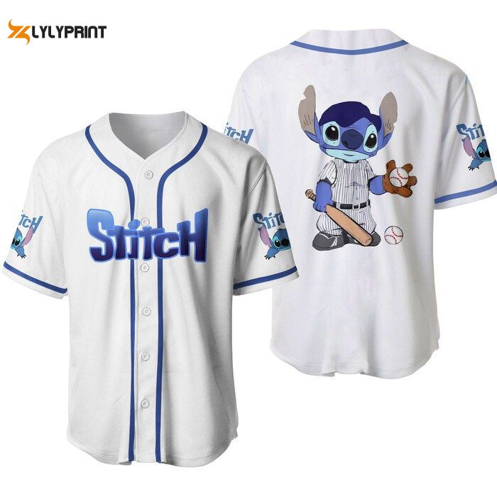 Stitch Blue White Disney Cartoons Graphics Unisex Casual Outfits Custom Baseball Jersey Gifts for Fans - lylyprint.com