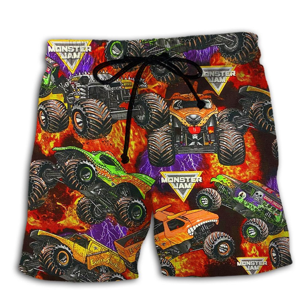 Truck Packed Monster Trucks Trendy Aloha Hawaiian Beach Shorts