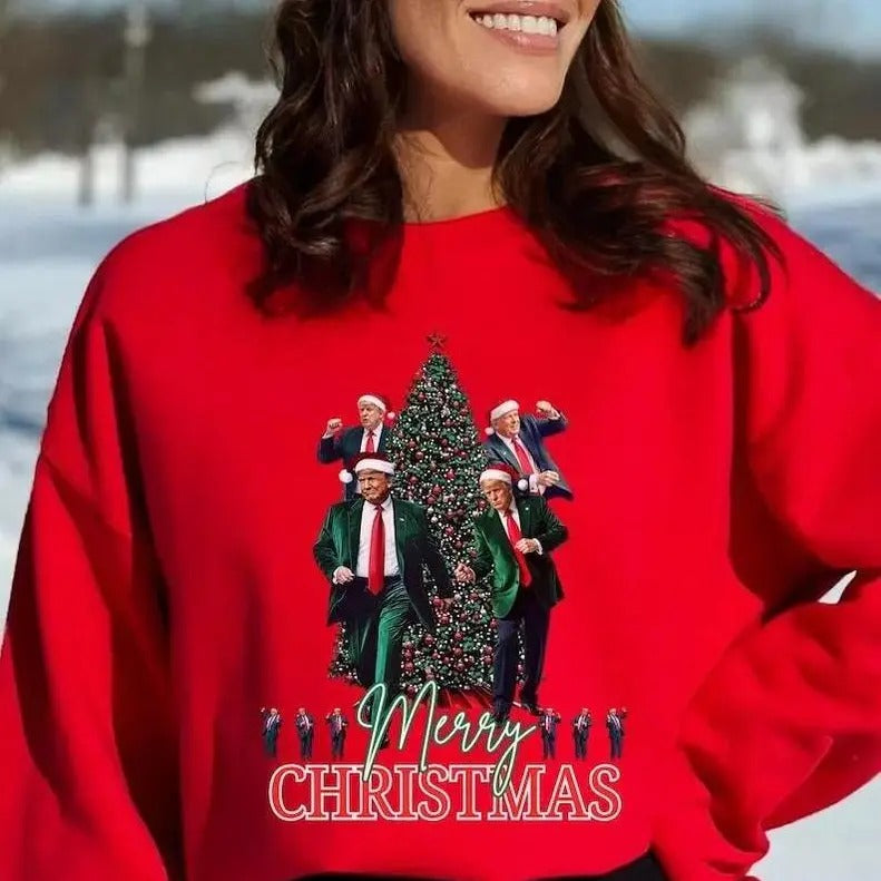 Funny Trummp President Dancing Merry Christmas Pine Tree Red Sweatshirt/hoodie/tshirt, Unisex Trendy | InkThreadWorks.com