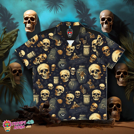 Undead Apothecary Skeletons Shadow Men's Horror Hawaiian Aloha Shirt