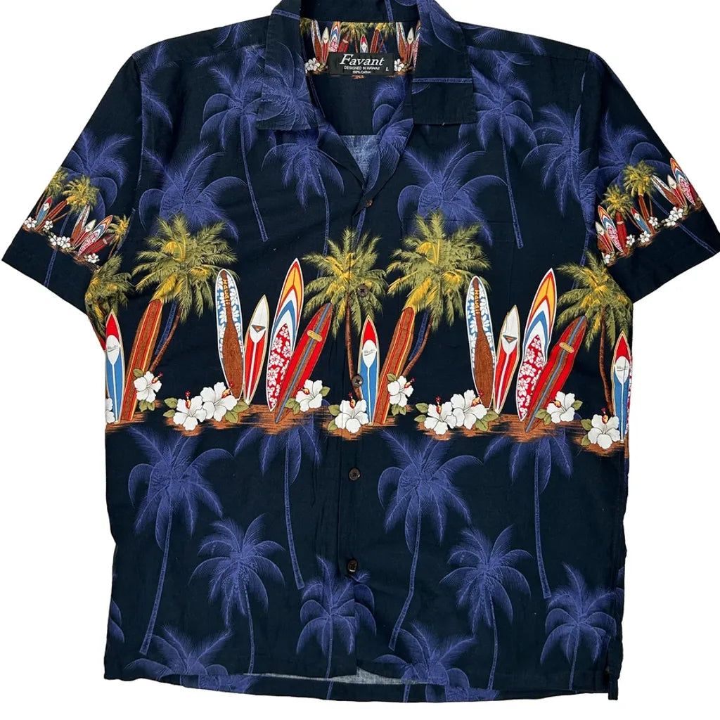Surfboards And Palm Trees Favant Graphic Hawaiian Shirt - Large Multicoloured Cotton