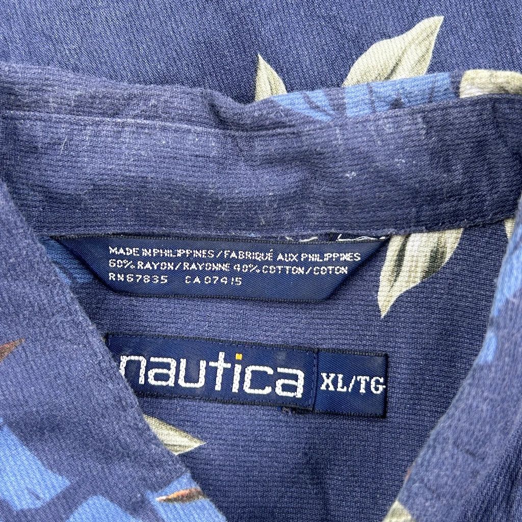 Nautica Floral Hawaiian Shirt - XL Blue Viscose Blend
