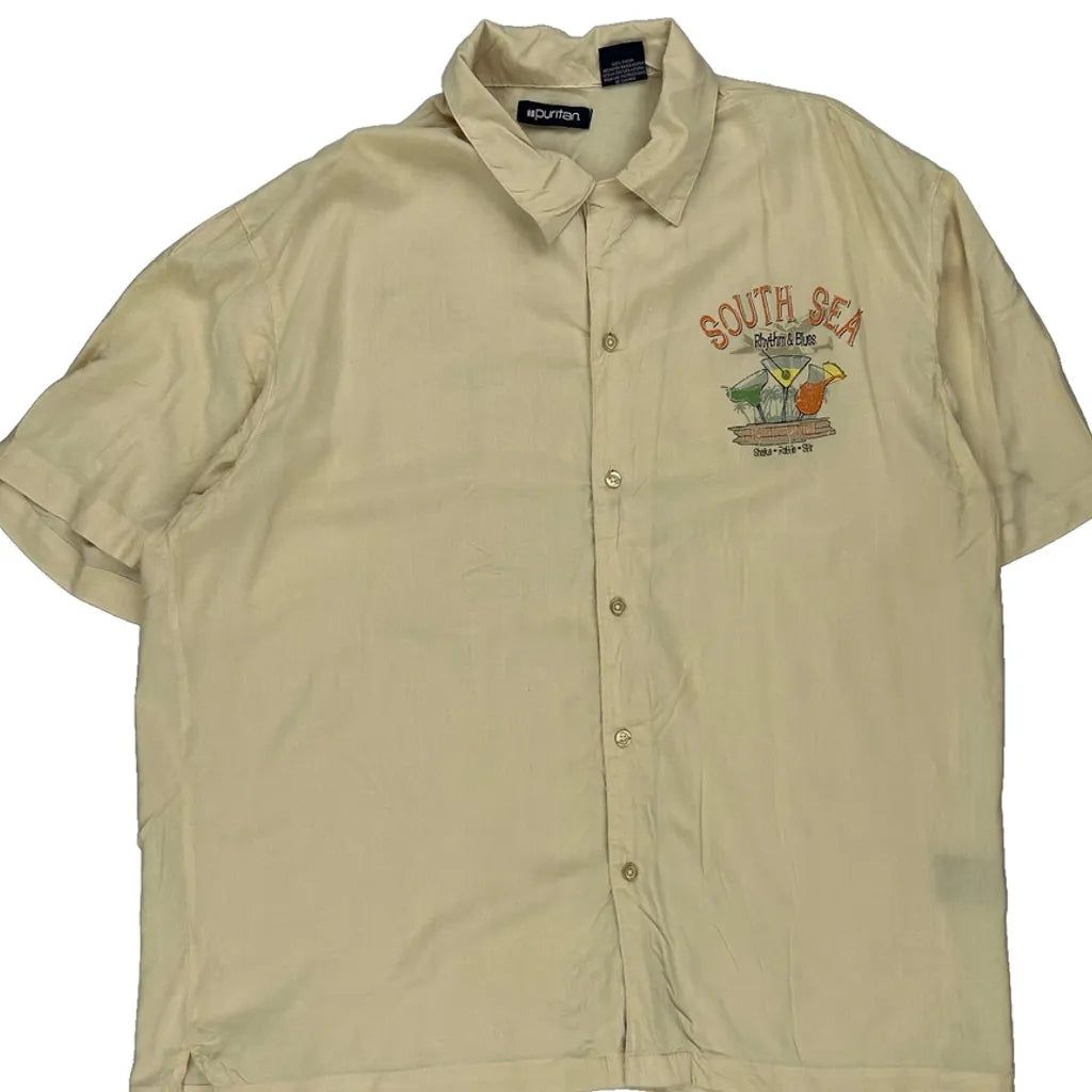 Rhythm & Blues Puritan Graphic Hawaiian Shirt - Large Beige Viscose