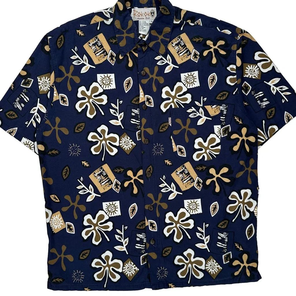 Rokok Floral Hawaiian Shirt - Large Brown Cotton