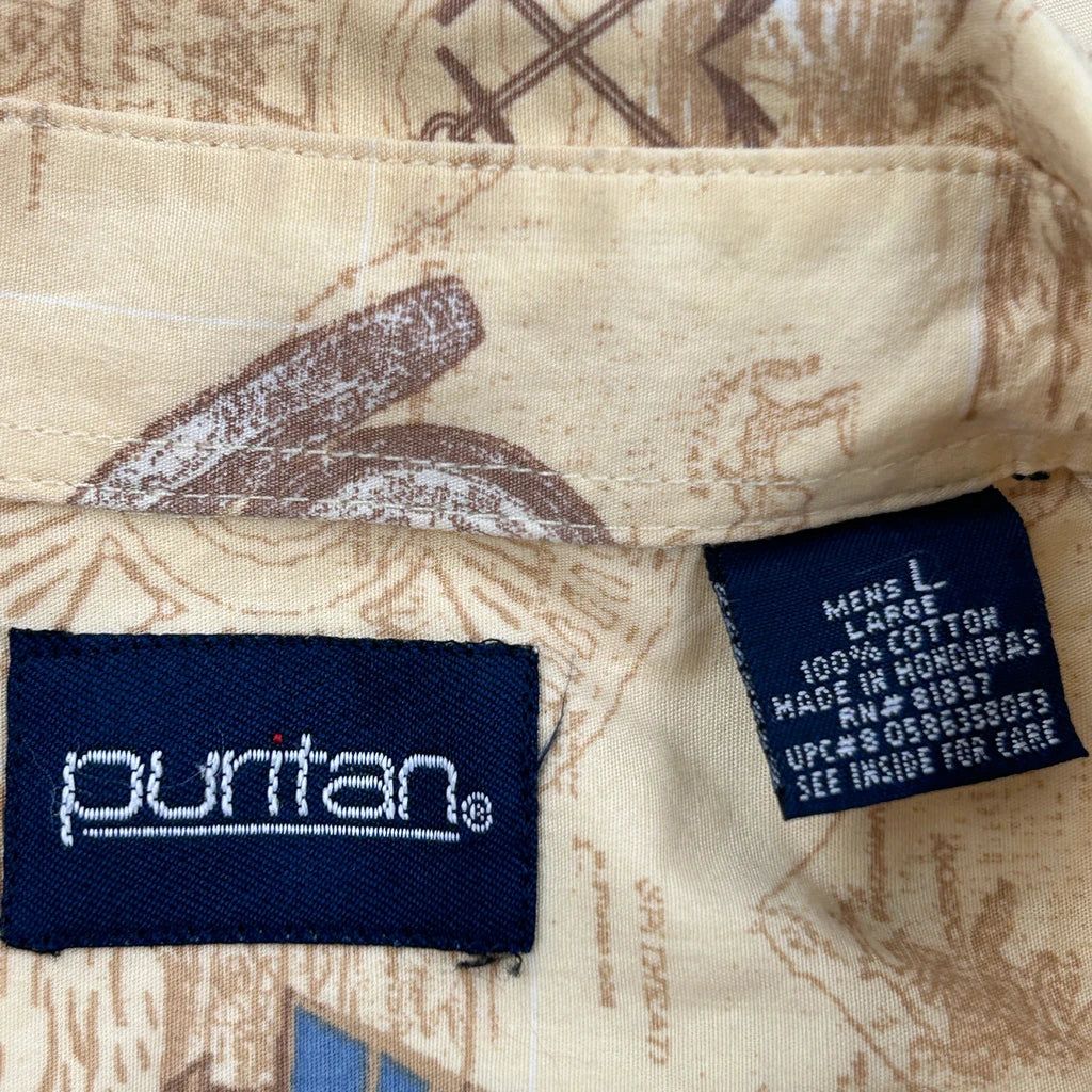 Puritan Graphic Hawaiian Shirt - Large Beige Cotton