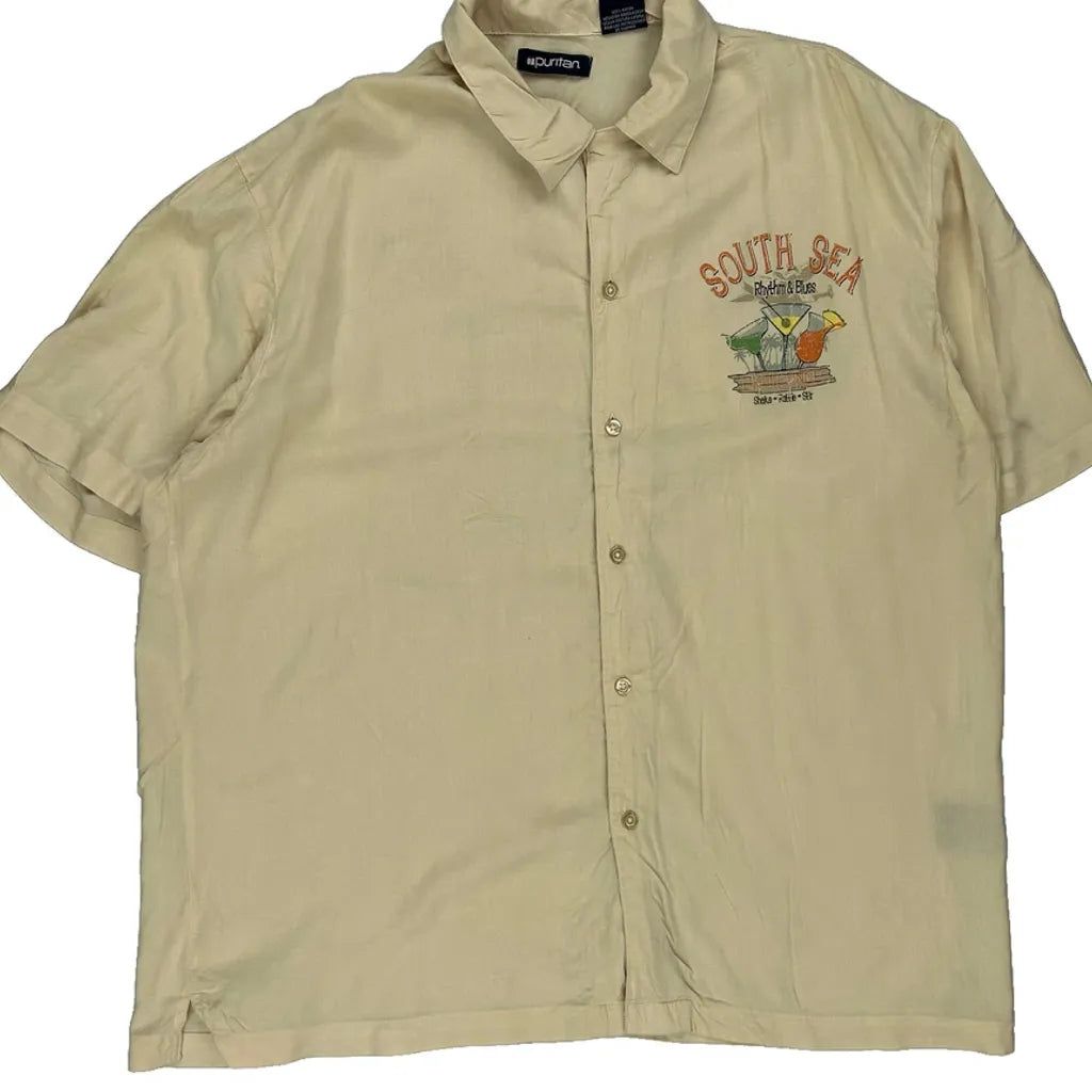 Rhythm & Blues Puritan Graphic Hawaiian Shirt - Large Beige Viscose