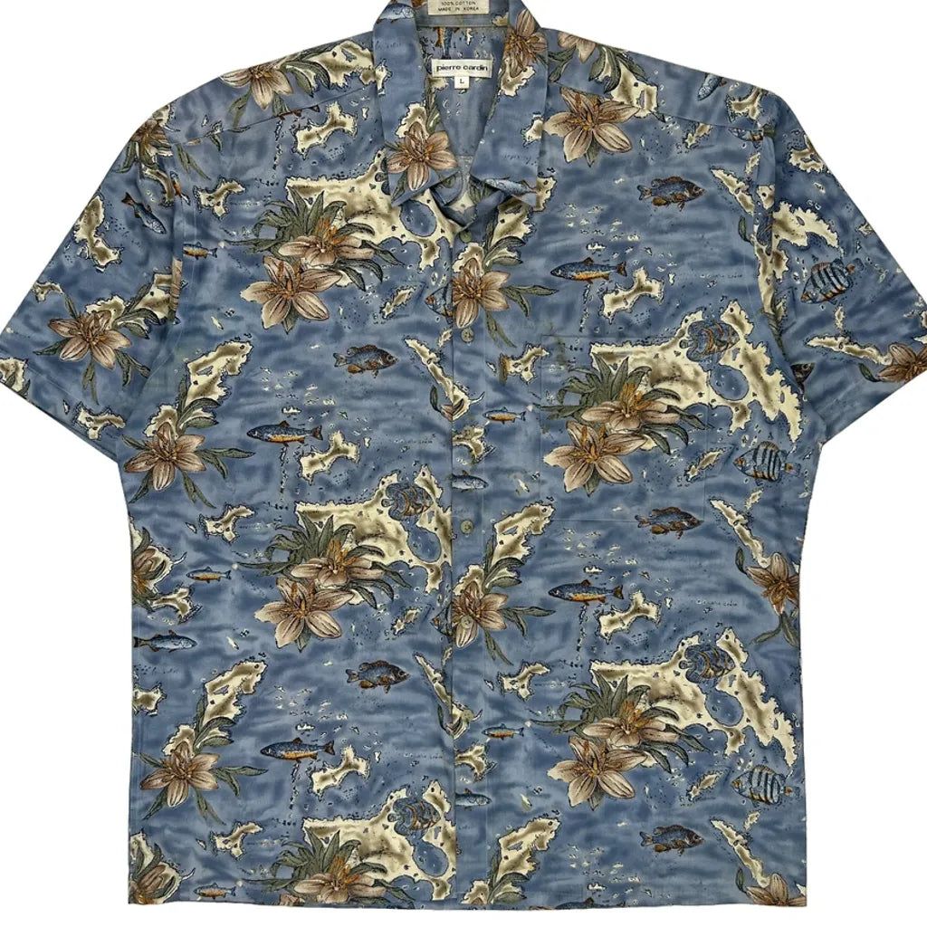 Pierre Cardin Floral Hawaiian Shirt - Large Blue Cotton