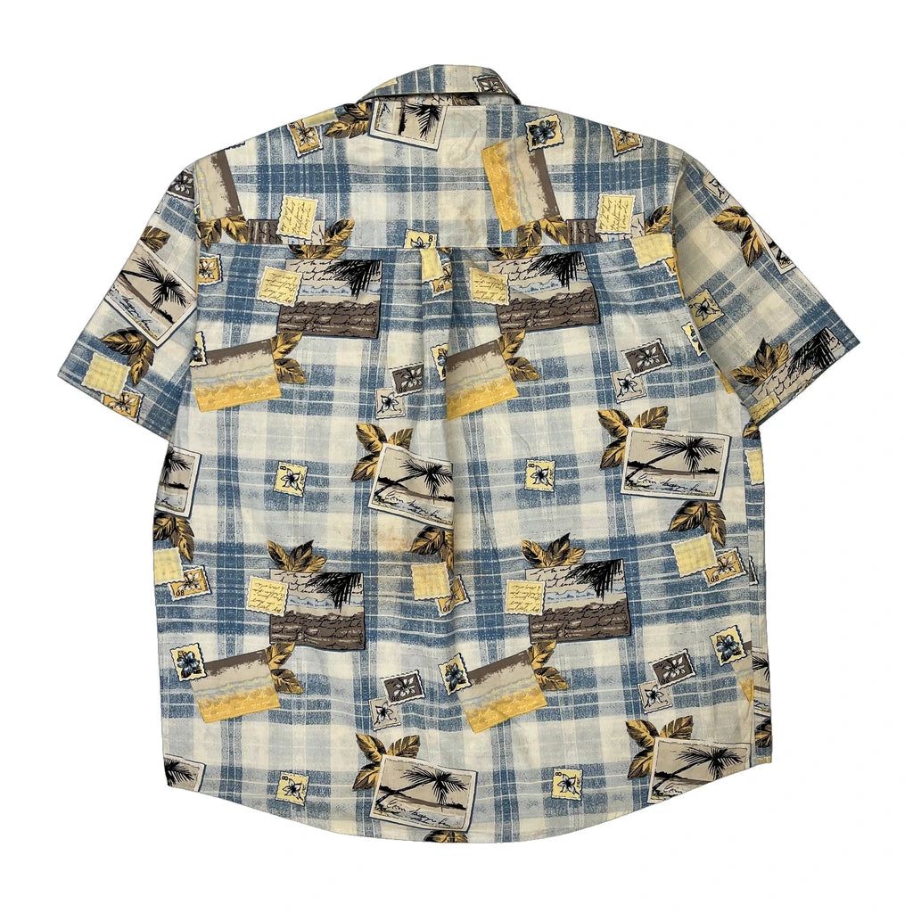 Natural Issue Checked Hawaiian Shirt - Large Blue Cotton