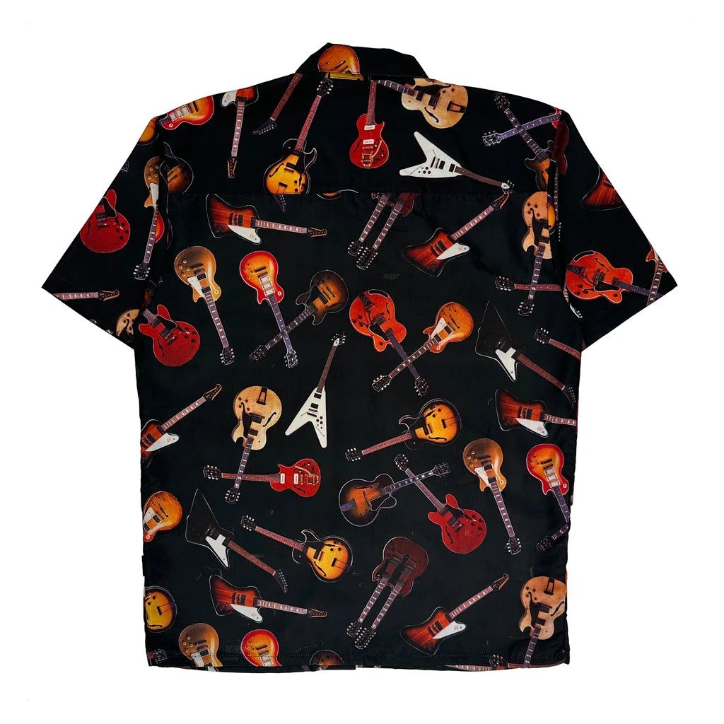 Guitar Print Gibson Tour Wear Graphic Hawaiian Shirt - Large Black Polyester