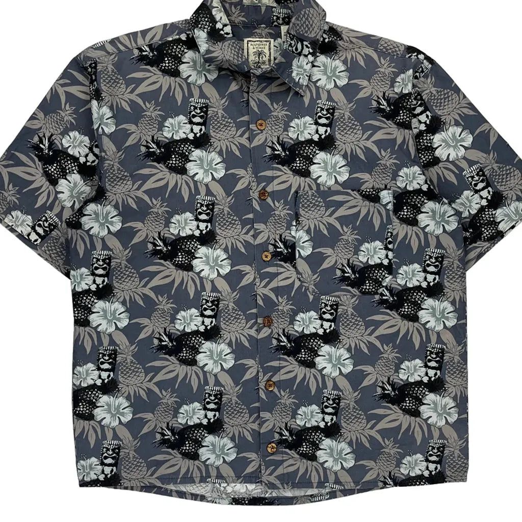 Roundtree & Yorke Floral Hawaiian Shirt - Medium Blue Cotton